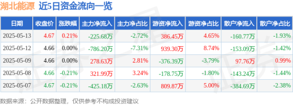 微配资 股票行情快报：湖北能源（000883）5月13日主力资金净卖出225.68万元