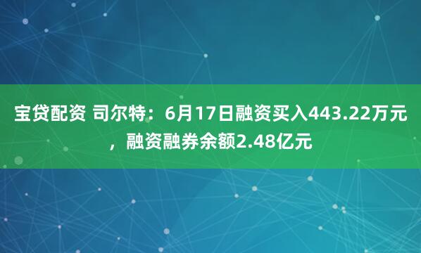 宝贷配资 司尔特：6月17日融资买入443.22万元，融资融券余额2.48亿元